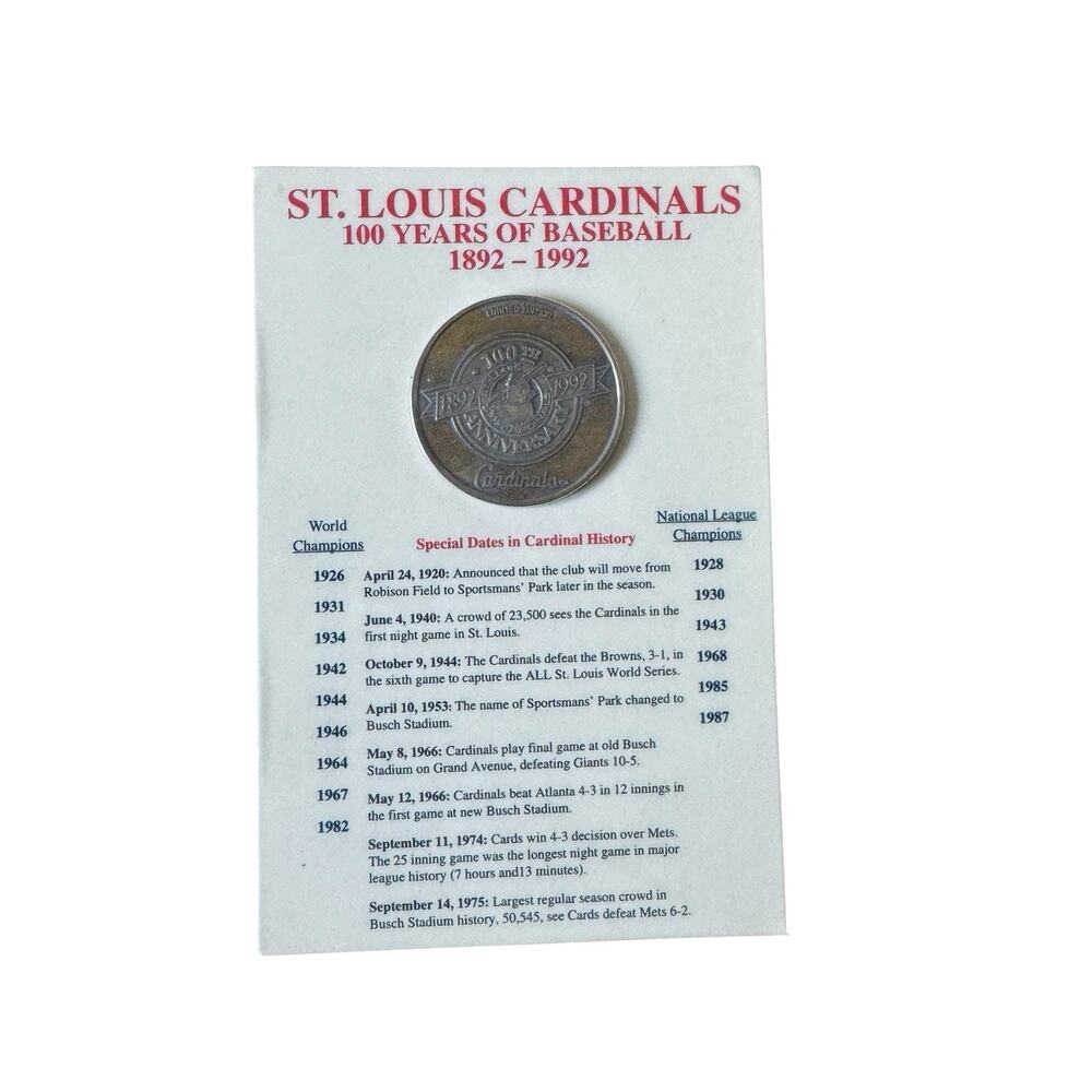 St Louis Cardinals 100th Anniversary 1892 1992 Coin Medallion Busch Stadium MLB